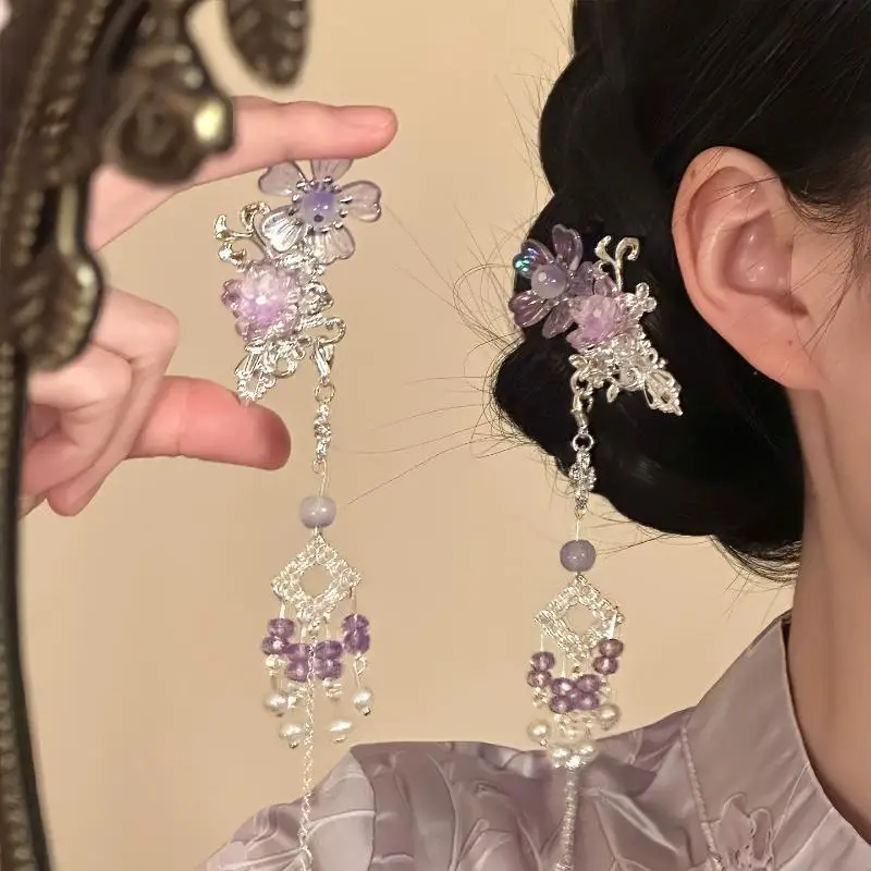 Blumen-Quasten-Haarspange im chinesischen Hanfu-Stil mit Kristallperlen-Quaste für Frauen – Detail 3
