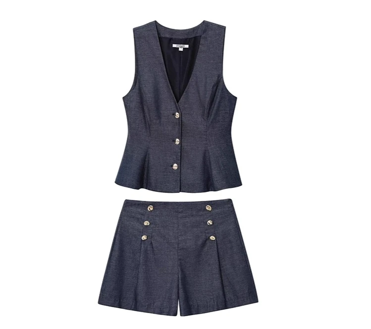 

Topenomi Matching Sets Women Summer New V Neck Sleeveless Slim Waist Waistcoat Vest Fashion Metal Button Shorts Elegant Suits