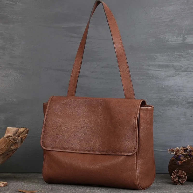 Vintage Work Shoulder Bag for Women Soft Genuine Leather Top Grain Leather Handmade Convertible Crossbody Strap Luxury Handbag