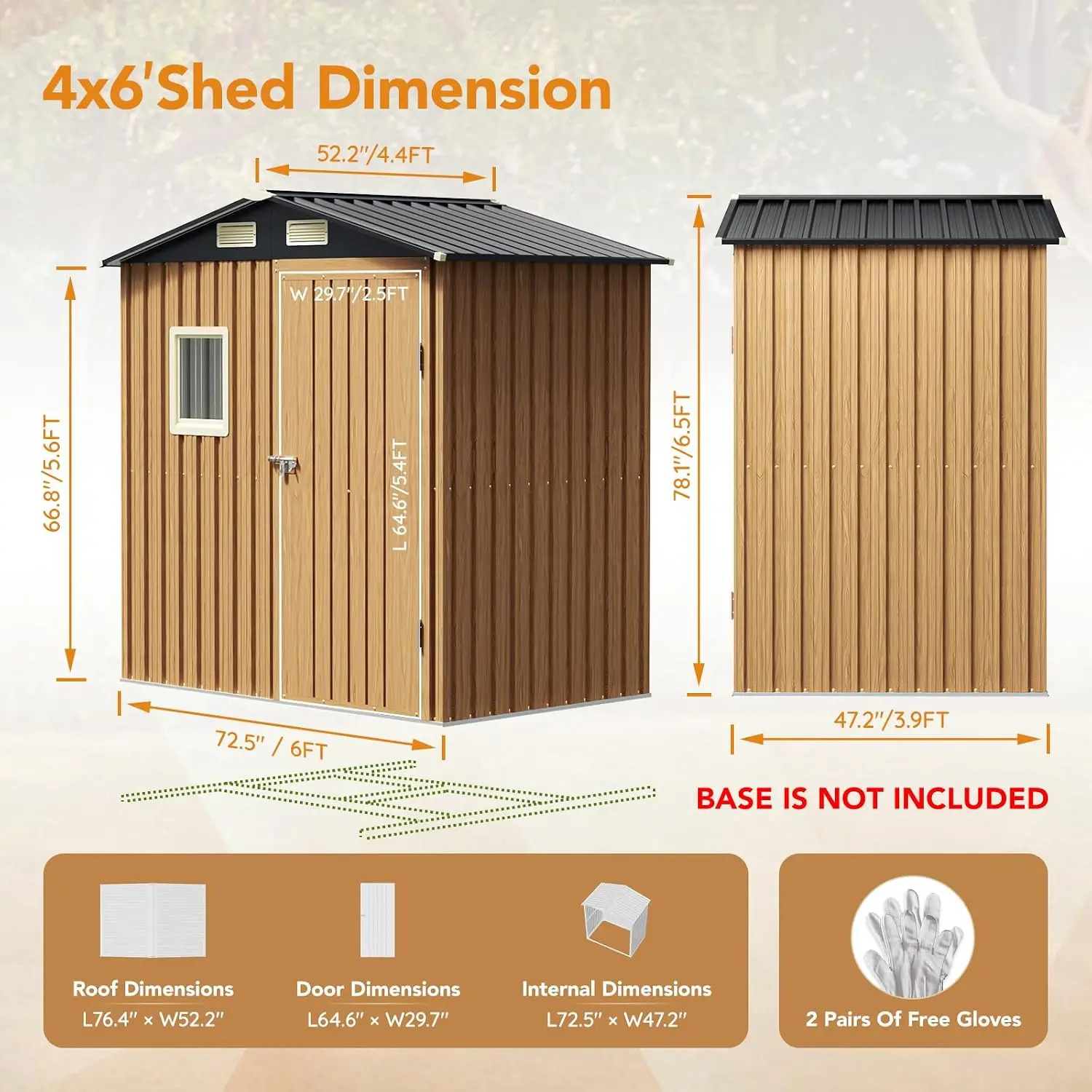 6X4FT Garden Storage Shed (NO Wood Panels&Frame Floor)
