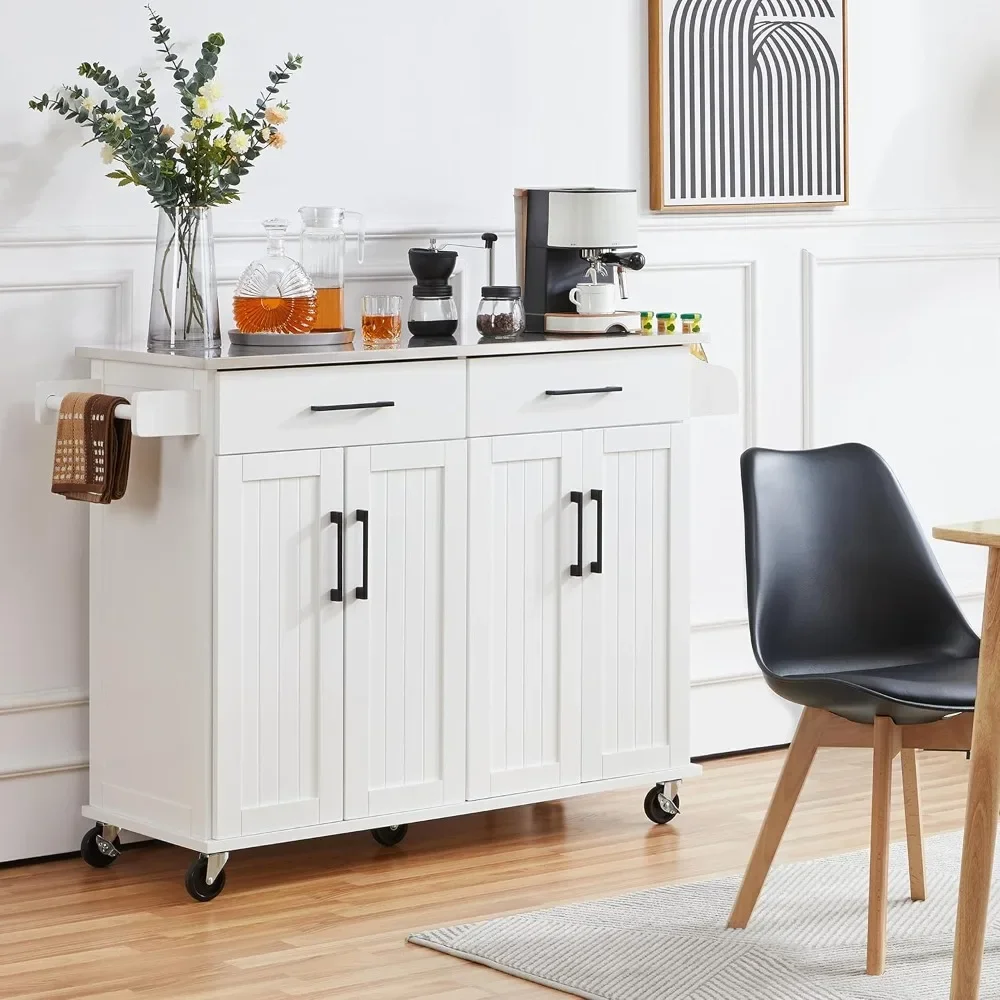 Kitchen Island Cart with Storage & Stainless Steel Countertop, Portable Kitchen Island on Wheels with Cabinet