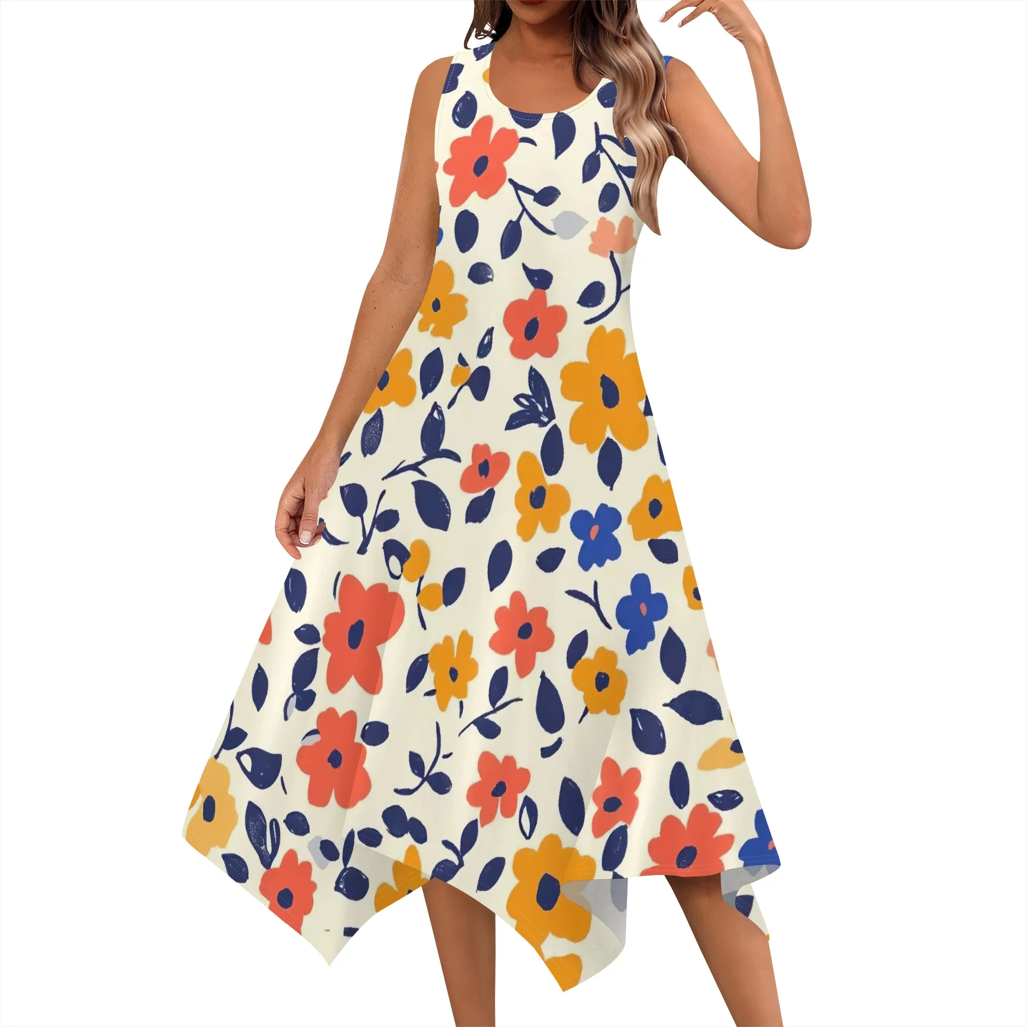 

Women's Casual Summer Dress Sleeveless Vintage Floral Graphics Sundress Hankerchief Hem Boho Midi Dresses Beach Dress