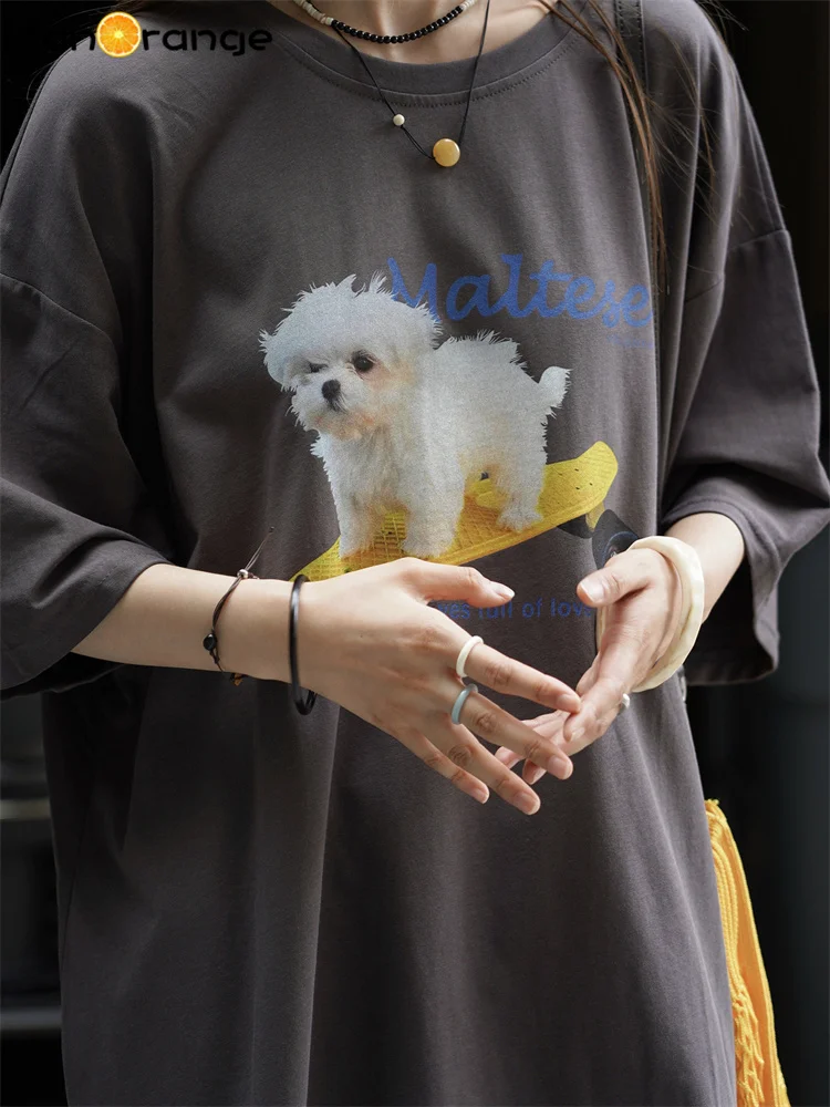 HanOrange 2026 Early Autumn Skateboarding Dog Half Sleeve T-shirt Women Loose Cotton 100% Cotton Top Tees White/Dark Gray