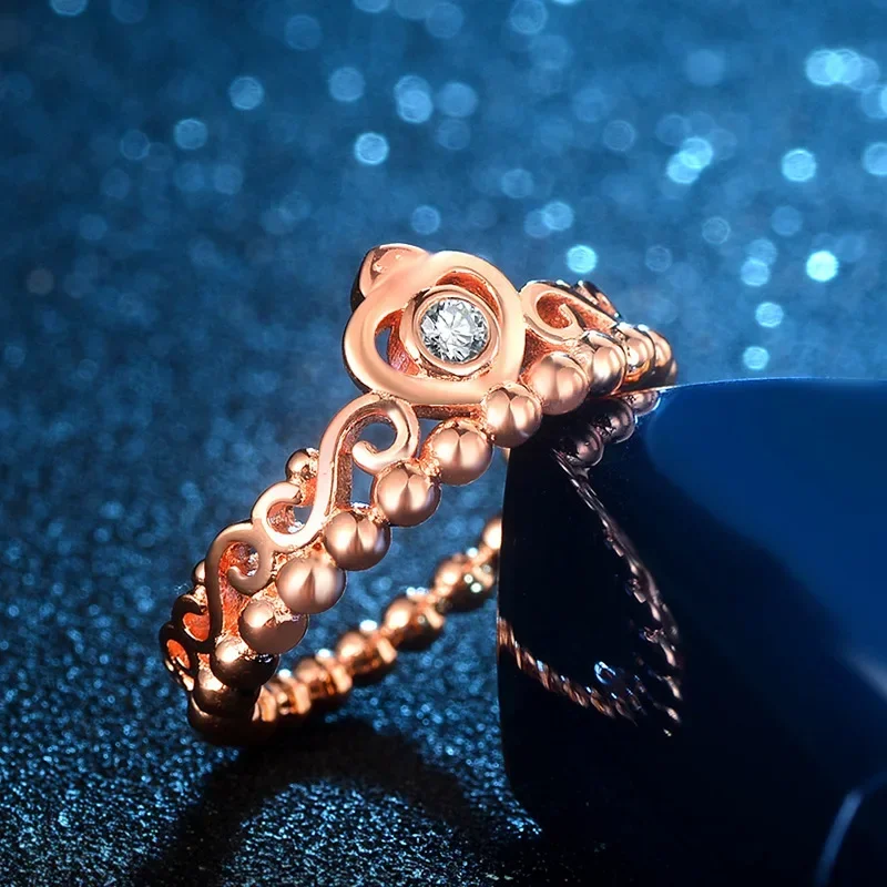 Hot Sale Rose Gold Ring Princess Tiara Royal Crown With Crystal Rings For Women Wedding Party Gift Fine Jewelry