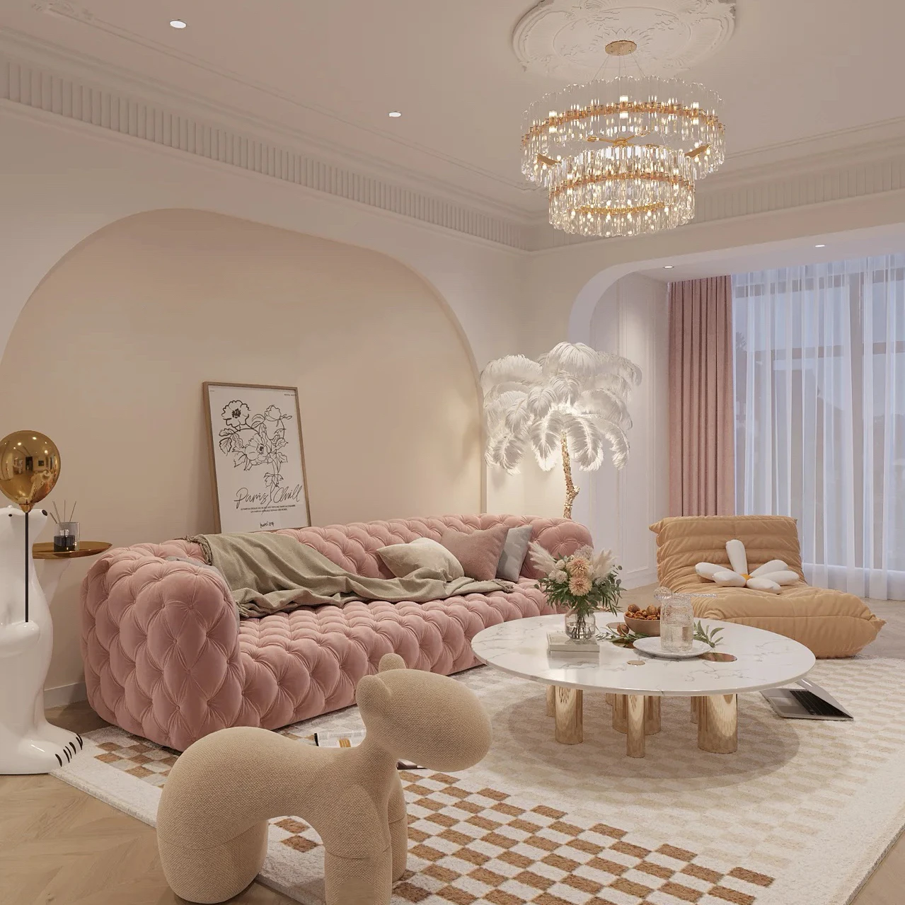 

Light luxury fabric sofa living room French cream style small apartment lunar surface Italian buckle designer