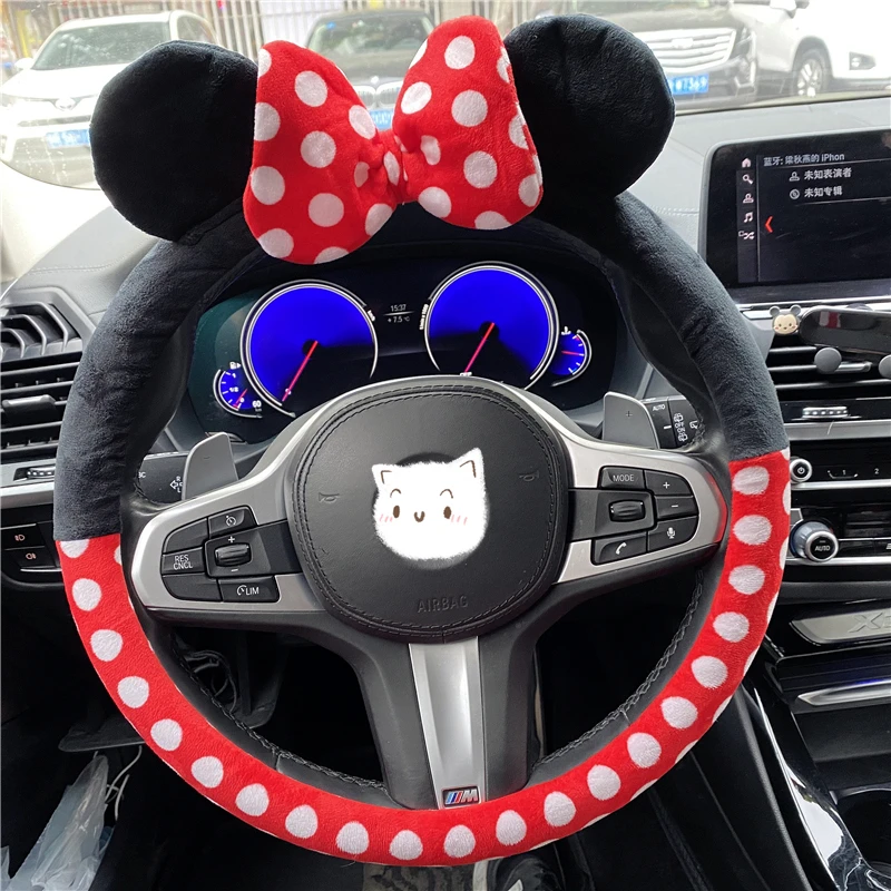 Car Steering Wheel Cover 38cm Lovely Mouse Bowknot Universal Red Fashion Interior Cute Girls Luxury Plush Auto Accessoires