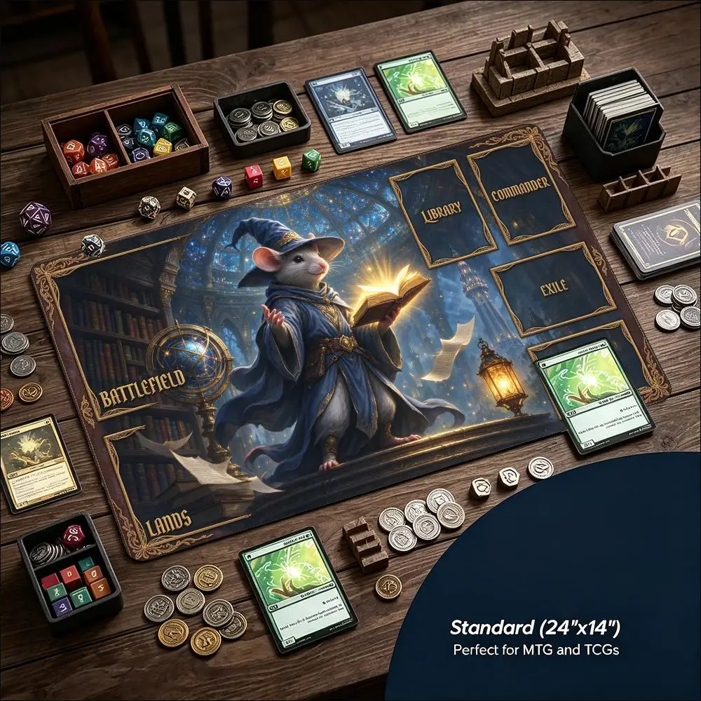 Fantasy Wizard Rat TCG PlaymatCard Zones Non Slip Rubber Game Pad Smooth Tabletop Battle Mat for Trading Card Game Tabletop Fans