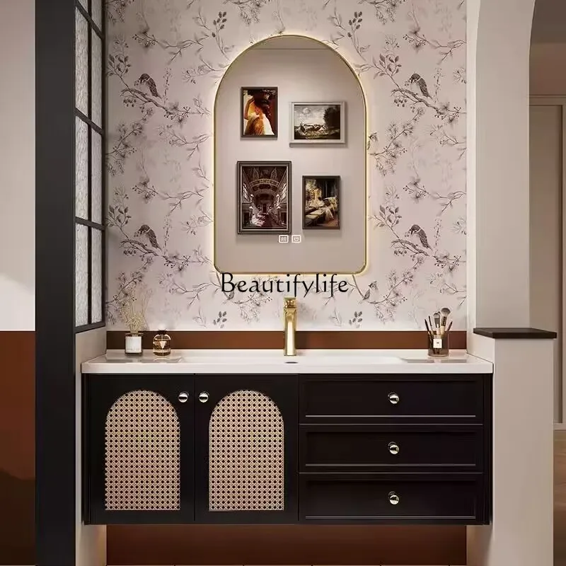 

French retro rattan oak bathroom cabinet combination bathroom ceramic bathroom cabinet