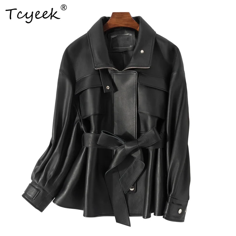 Tcyeek peau de mouton printemps automne col carré manches d'épaule longueur moyenne veste en cuir véritable pour femme Ж Dönishiжаха Куртка