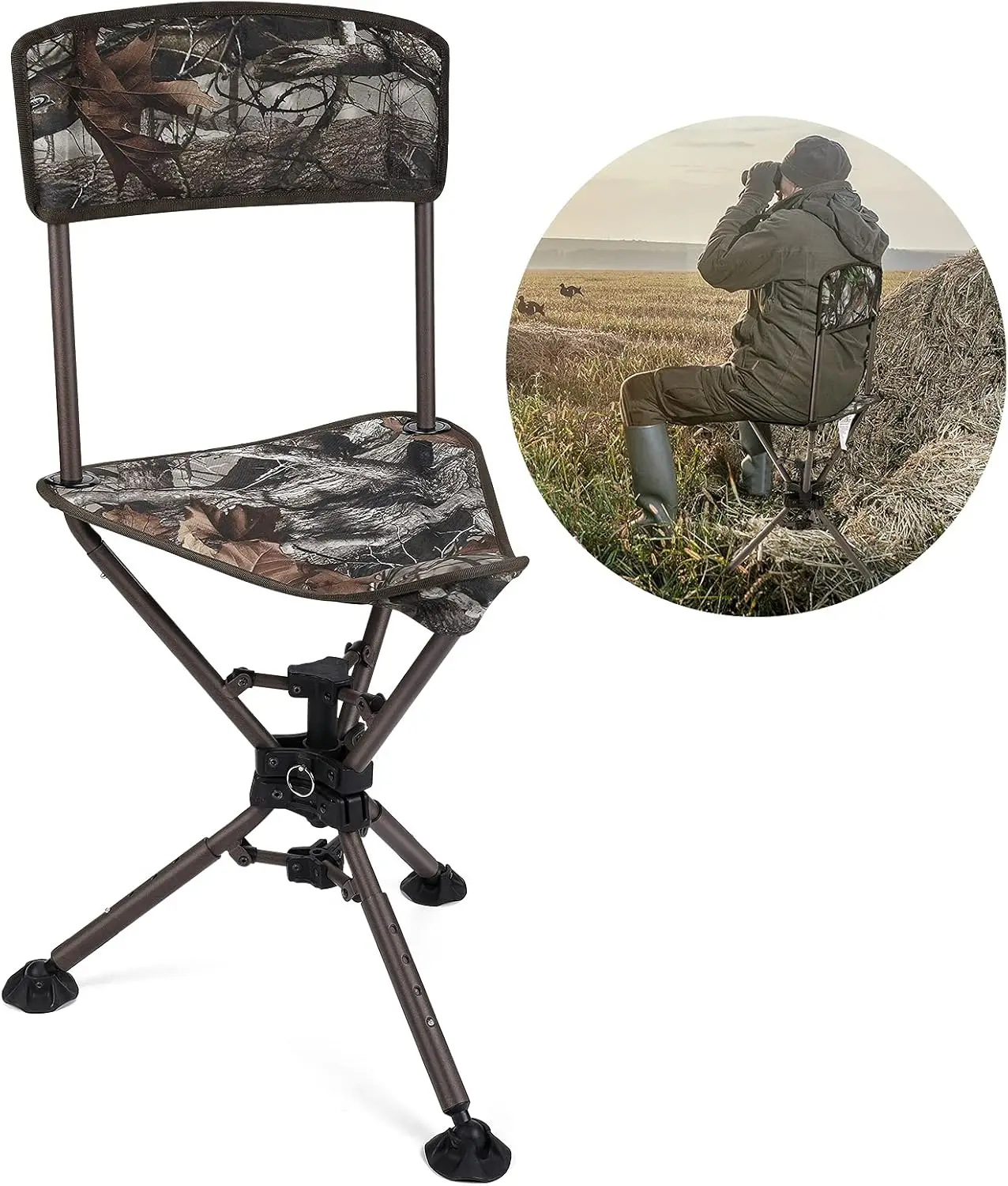 Degree Tripod Swivel Hunting Chair, Folding Camo Blind Chair with Backrest, Height Adjustable for Hunting Fishing C