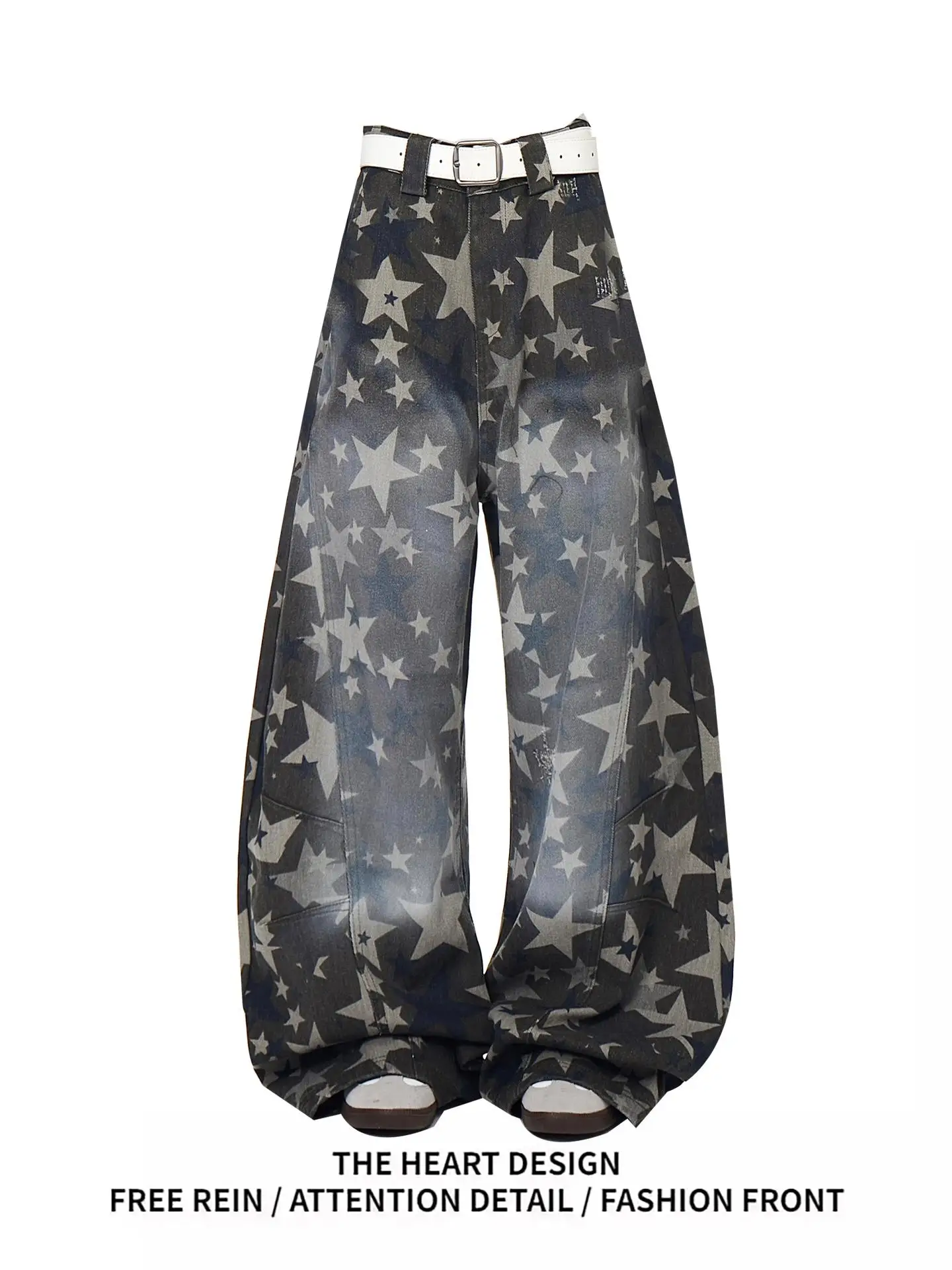 جينز نسائي بتصميم أمريكي عتيق مع طباعة نجوم، تصميم خريفي مفكك مع رقع، ساق مستقيمة وواسعة
