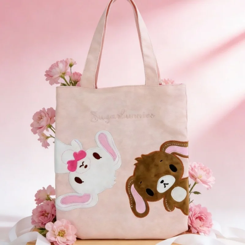 

Сумка-шоппер Kawaii Sanrio Sugarbunnies с розовой вышивкой, на одно плечо, из холщовой ткани, портативная дорожная сумка, косметичка и органайзер для туалетных принадлежностей, подарок на Пасху