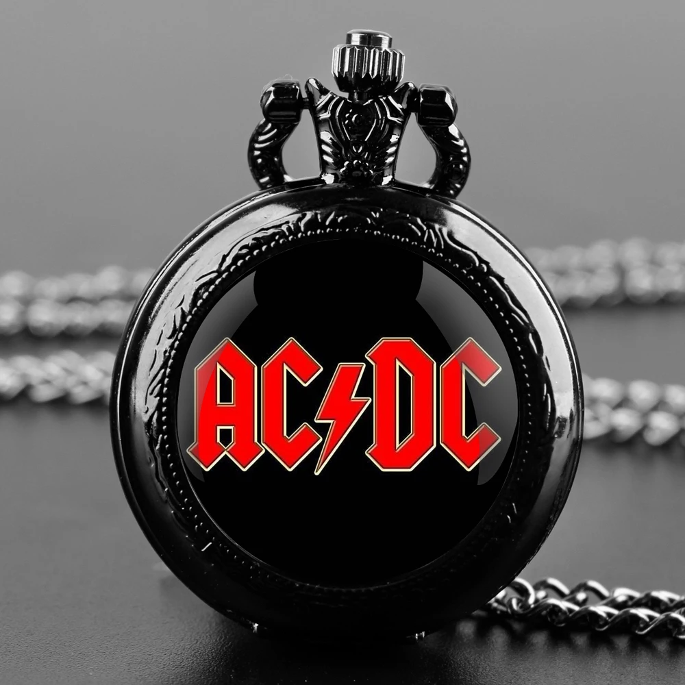 Black Stainless Steel Funny AC and DC Band Design Glass Dome Quartz Pocket Watch Necklace Women Jewelry Pendant Chain Children