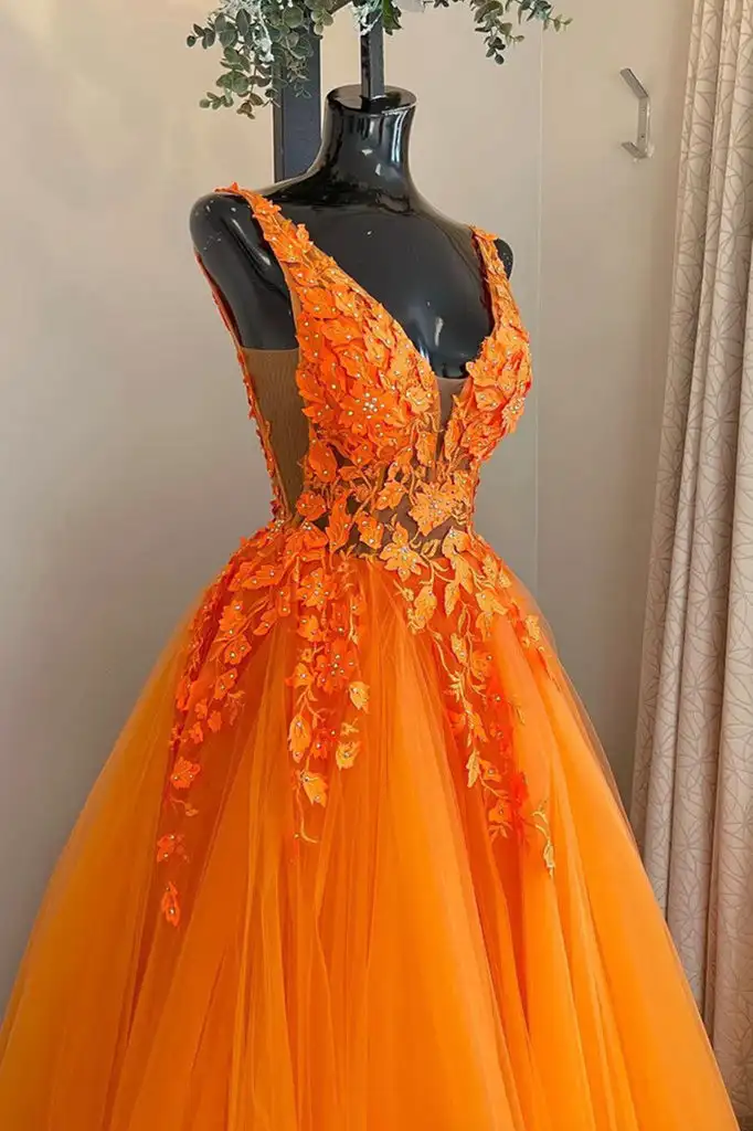 Orange Prom Dress Lace Applique Long Illusion Crystal Deep V Neck Sleeveless Backless Evening Gown Long Floor Length Custom