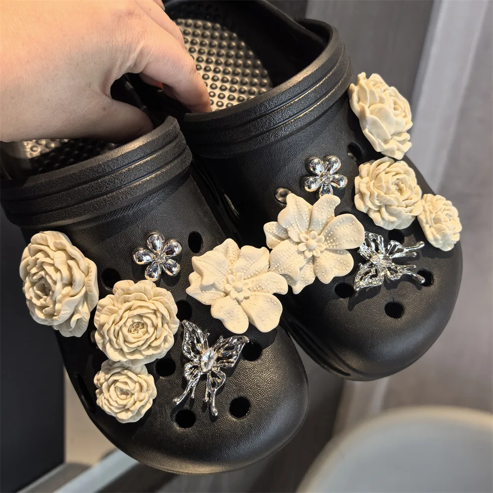 Clog Shoe Charms Silver Butterfly Faux Pearl Detachable Bone White Flower Bouquet Resin Premium Sturdy for Garden Clogs