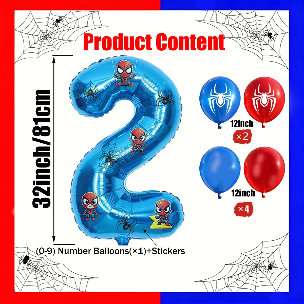 32 Inch Red Blue Spider Theme Number Foil Balloon Set 1-9 Digits With Themed Stickers Birthday Anniversary New Year Party Decor