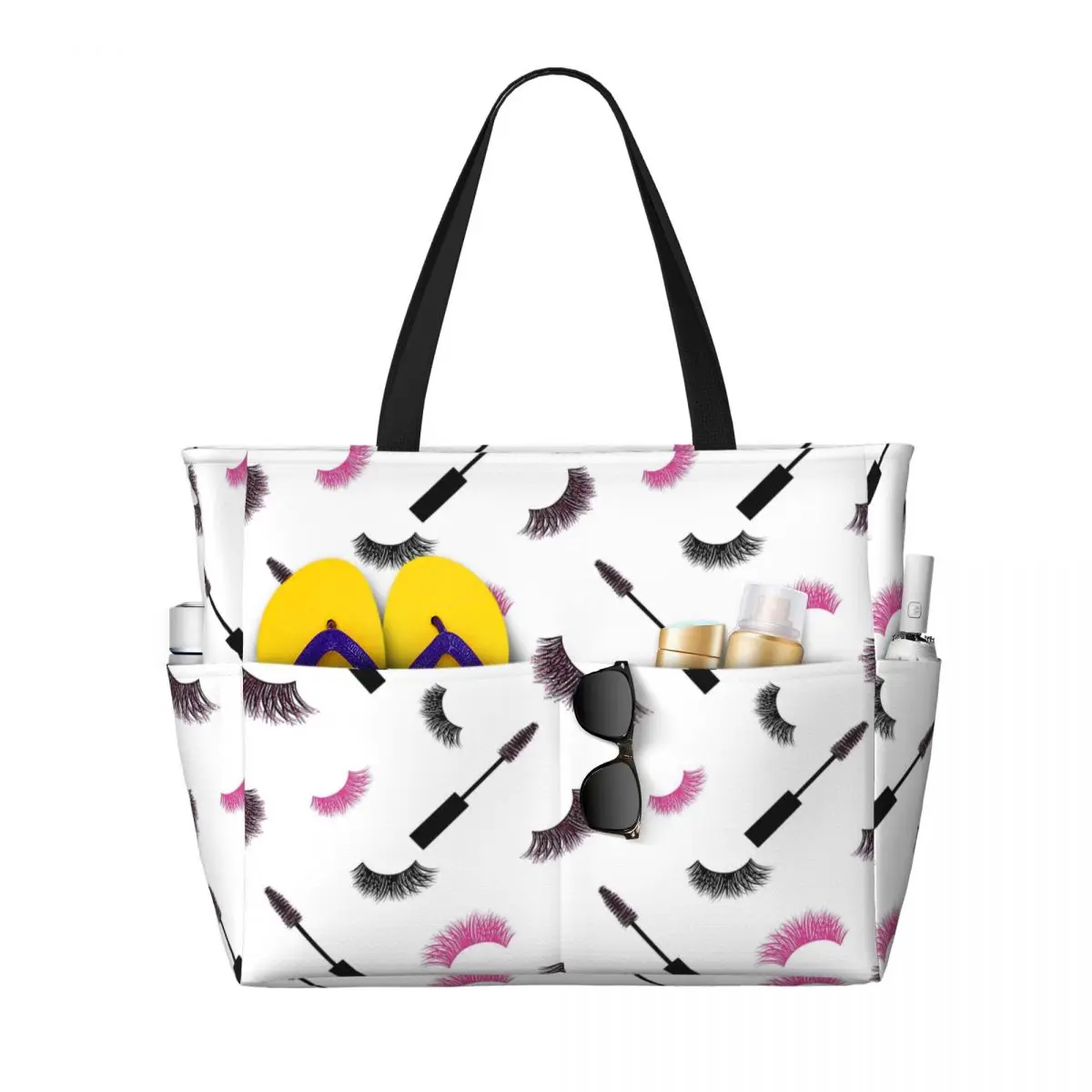 

Lashes And Mascara With Pink Glitter Pattern Beach Tote Bag Sport Gym Yoga Duffle Large Tote Bag Women Travel Bag Fitness bag
