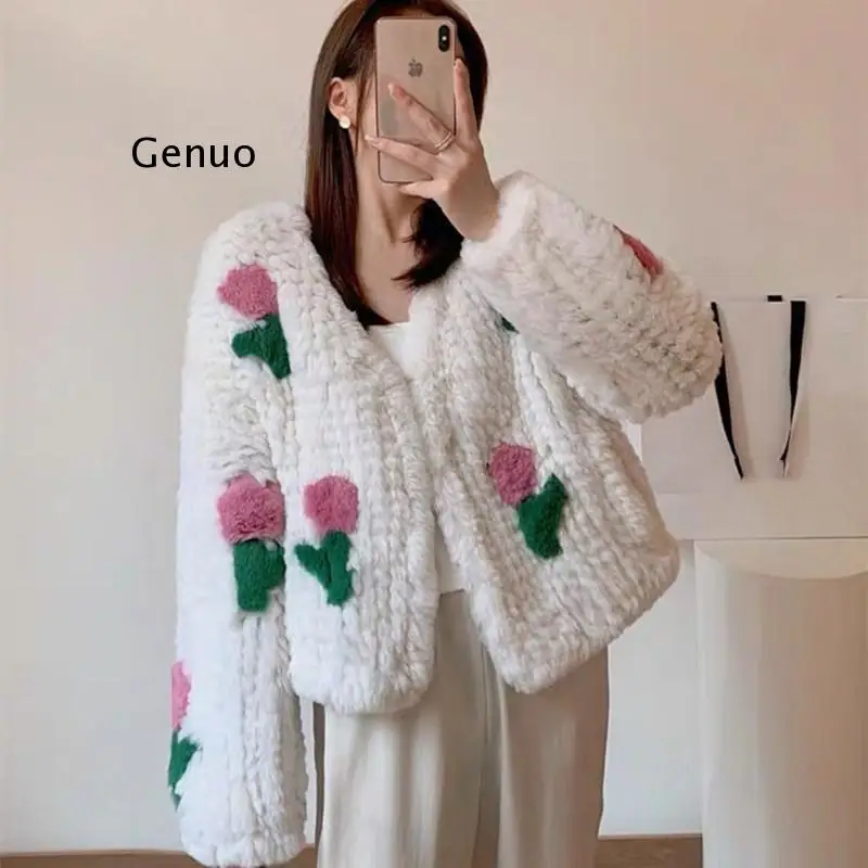 Woman Winter Coats Autumn Korean Fashion Fake Rabbit Fur Knitted Embroidery Cardigan Loose Casual Jacket Women Clothing