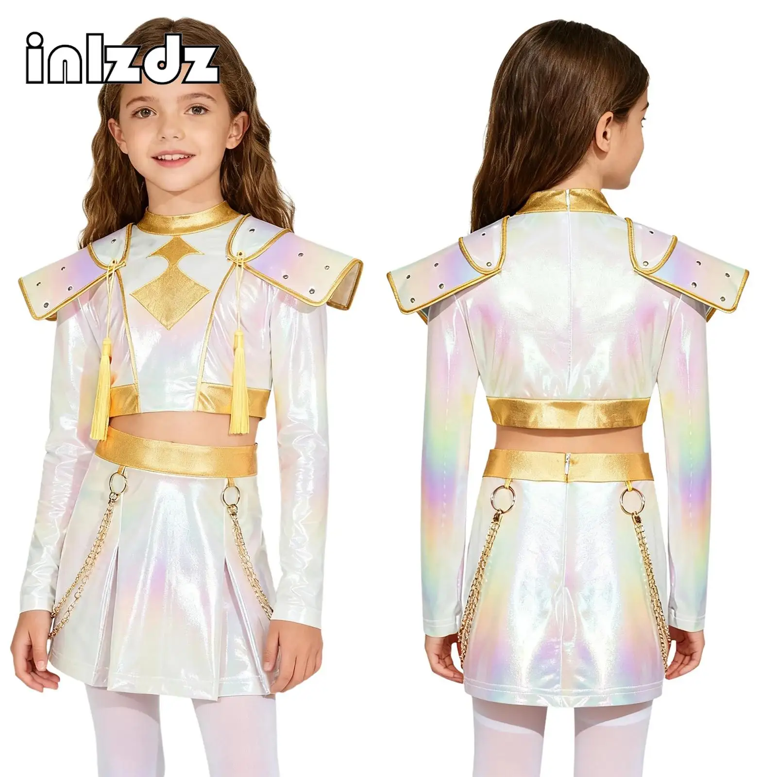 

Girls Halloween Anime Character Cosplay Outfit Iridescent Gloss Long Sleeve Chest Tassels Crop Top+Skirt+Waist Chains Fancy Suit