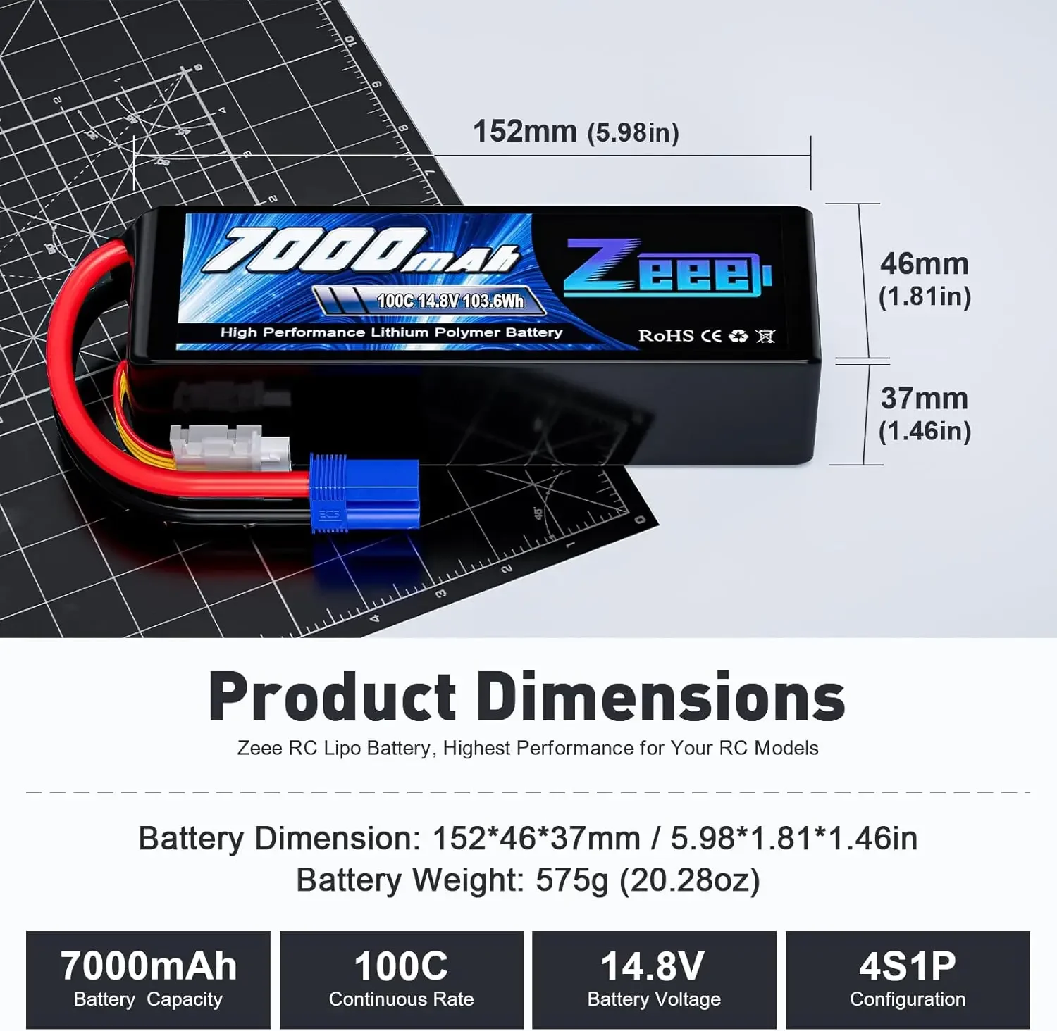 Zeee 4S 7000mAh FPV Drone Lipo Battery 14.8V 100C Softcase with EC5 Plug for RC Car Accessories Tank Airplane Racing Hobby Parts