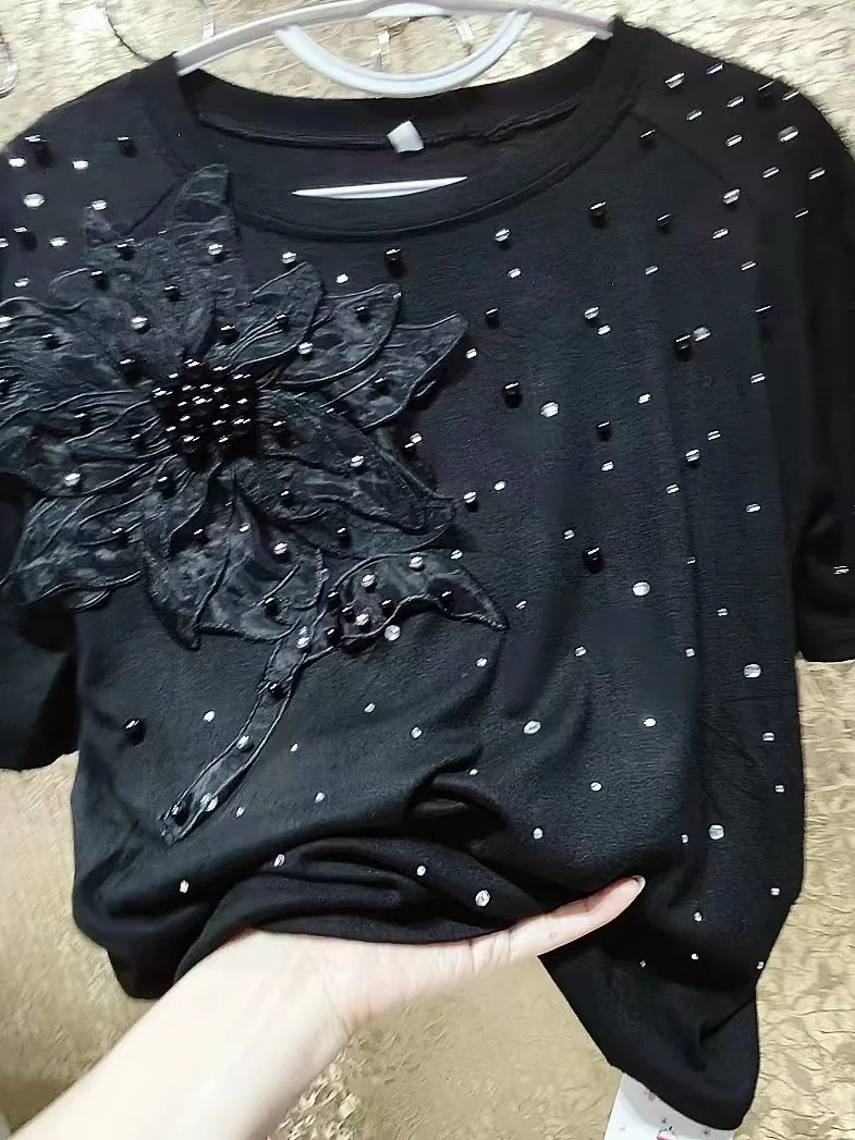 Luxury Style Beaded Diamonds T-shirt  3D Flowers Cotton T-shirts Short Sleeve Black Jumpers Tops Tees Women Clothes