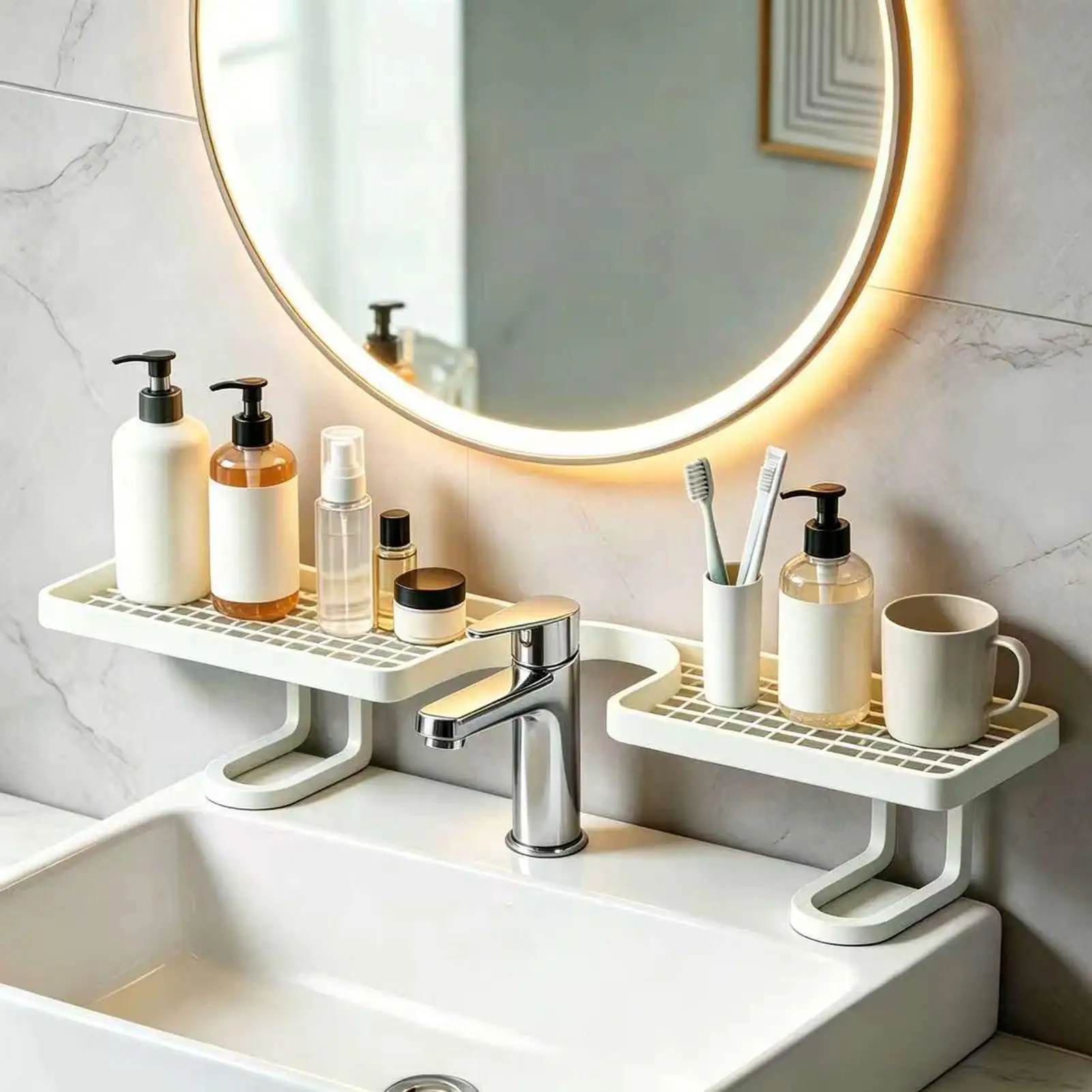 Bathroom Sink Shelf Over Faucet freestanding washbasin storage rack No-Drill Quick Drainage U-shaped design shelf
