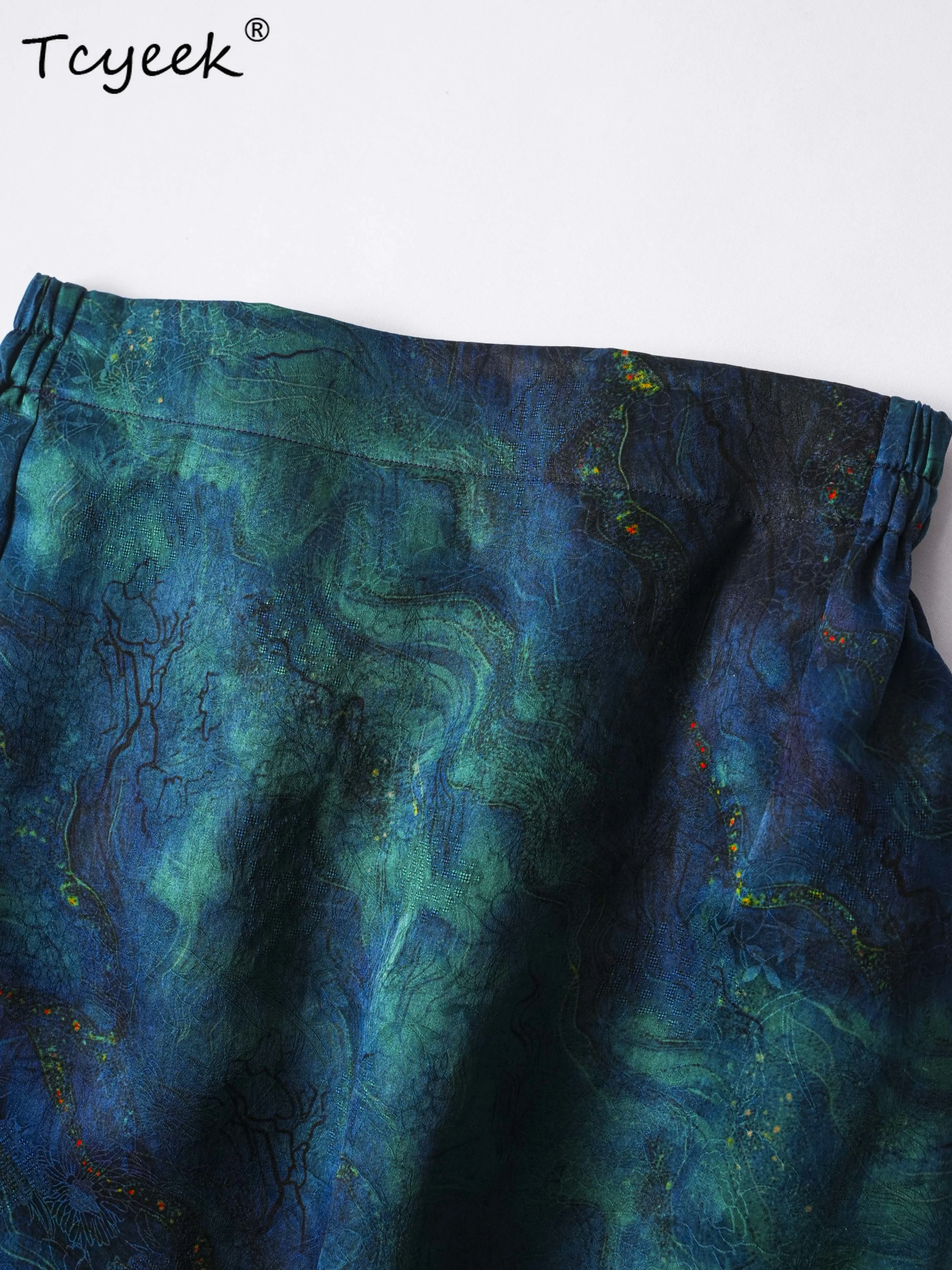 Tcyeek 100% 멀 베리 실크 여름 얇은 중국 스타일 블루 스트레이트 튜브 슬릿이있는 원 스텝 스커트 롱 여성 스커트 Юбка Женская