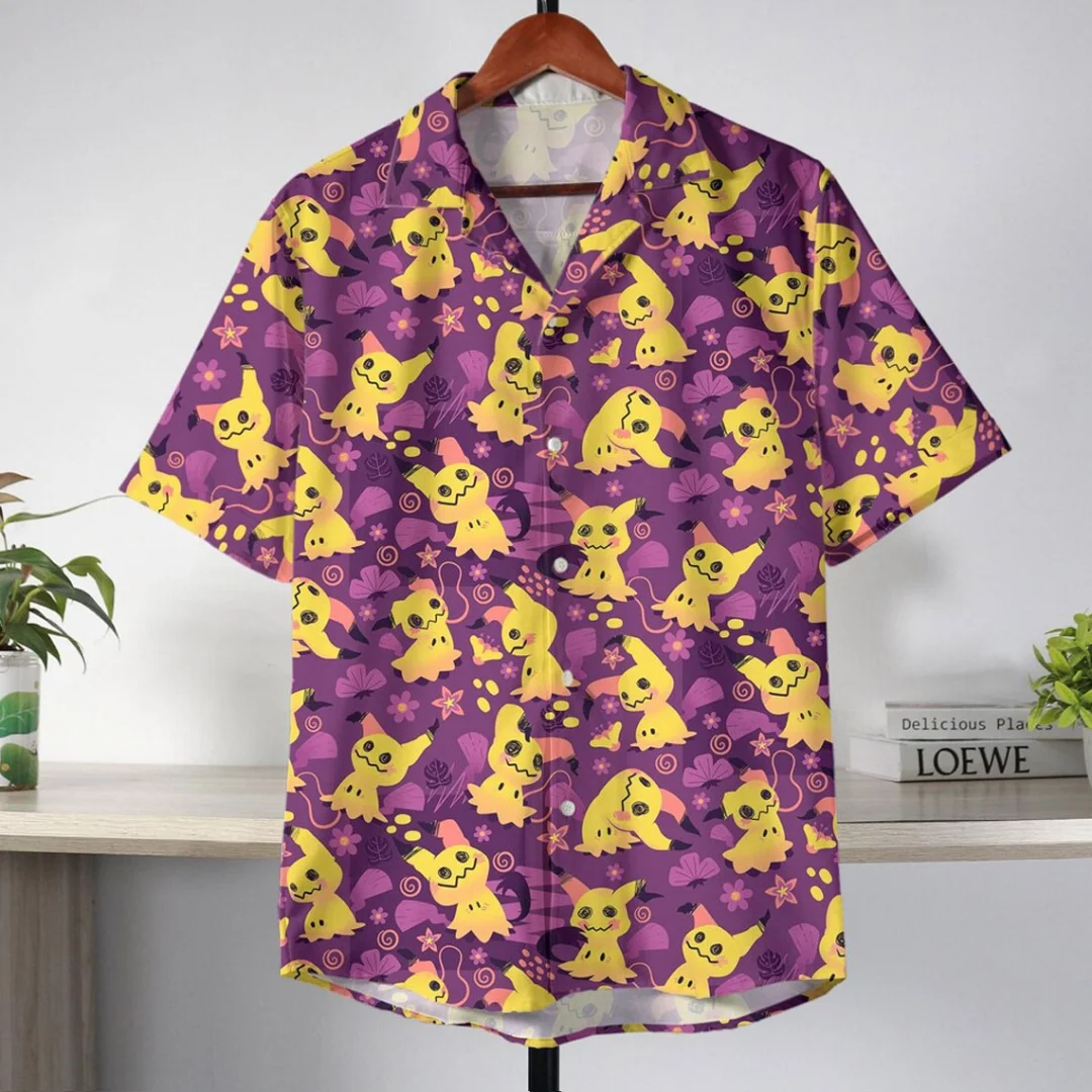 

2026 Mimikyu Purple Pattern Pokemon Hawaiian Shirt Summer Fashion Pure cotton Men's T-Shirt Kid's Clothing Tee Y2k Woman
