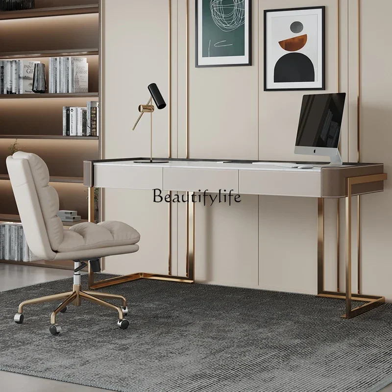 yj9 Meja kerja dari kulit sadel dengan desain batu, mewah ringan, modern, dan simpel