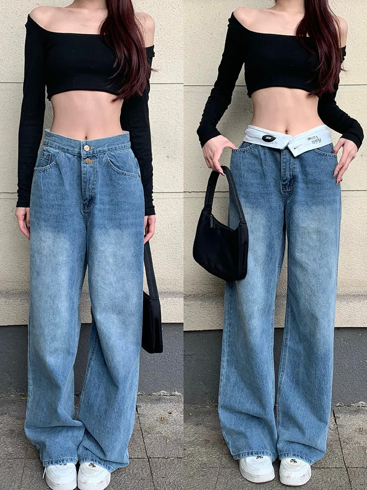 Korean Letter Printed Loose Casual Jeans Women 2023 Spring New High Waist Flap Fashion All-match Wide Leg Pants