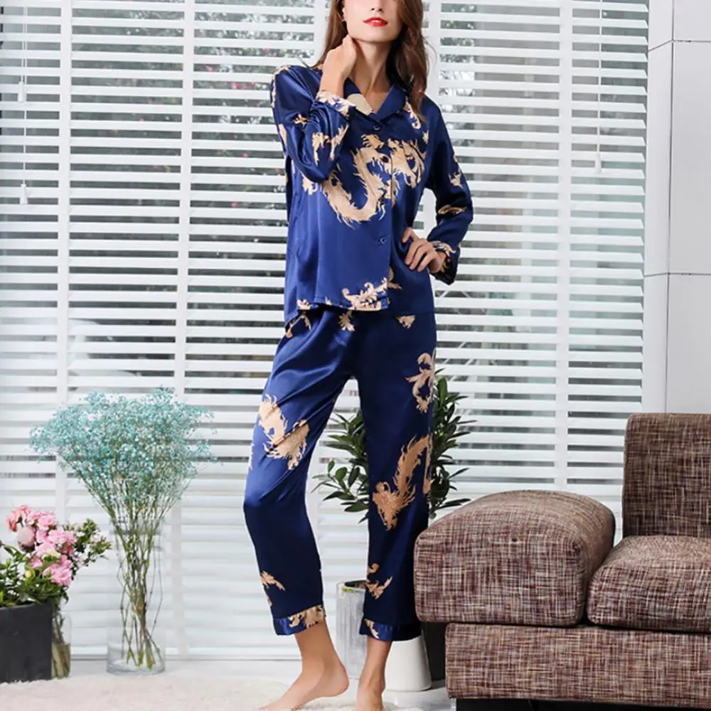 Imitation Silk Men Women Pajamas Set Dragon Print Couple Sleepwear Nightclothes Two-piece Pajama Homewear Pnats Set Loungewear