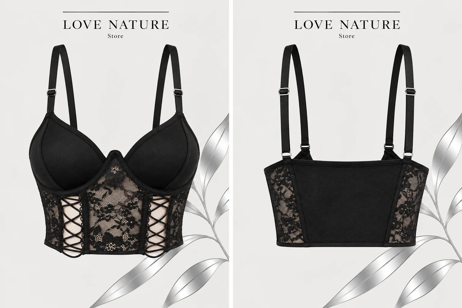 【LOVE NATURE Store】Women's Sexy Black Lace Corset Crop Top, Floral Lace Bustier with Side Lace Up Detail, Adjustable Straps