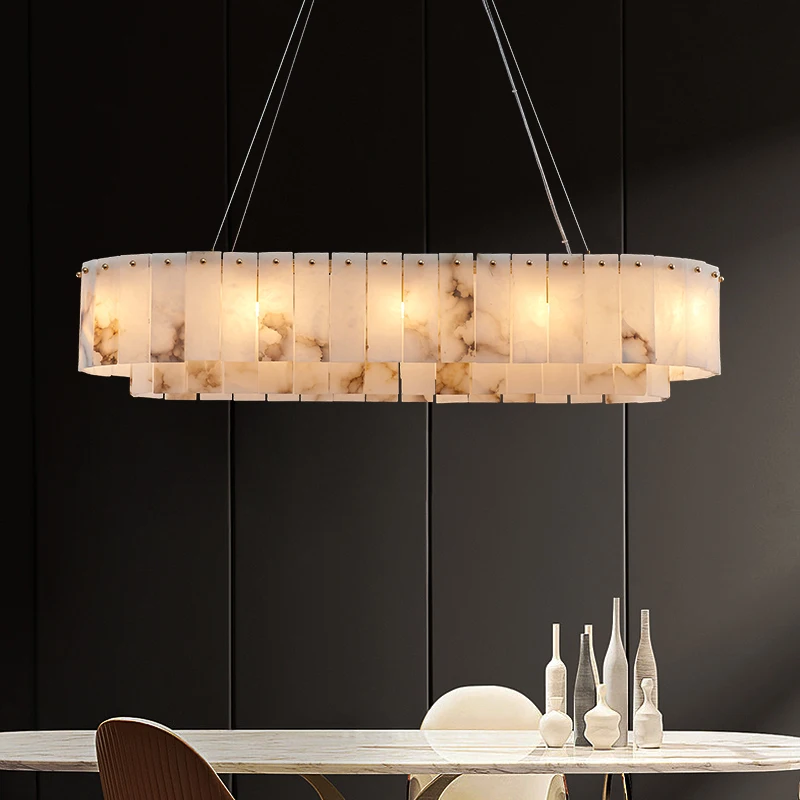 Luxury All Copper Natural Marble Chandeliers Decoration Living Room Elegant Light Fixture Alabaster Lamps Dining Room Lustres