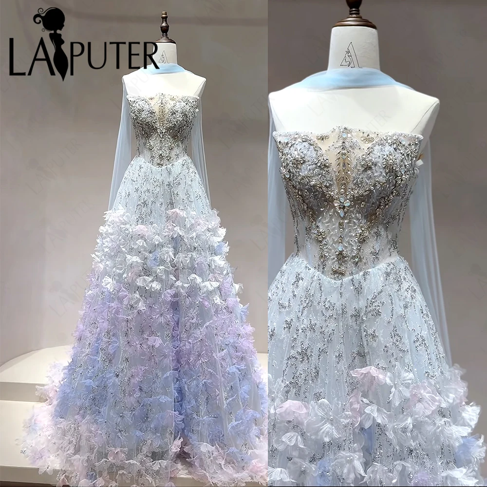 

Blue Flowers Prom Dresses A line Fade Purple Floral Girl Party Gown Crystal Beaded Bodice Fairy Floral Formal Dress HalterRibbon