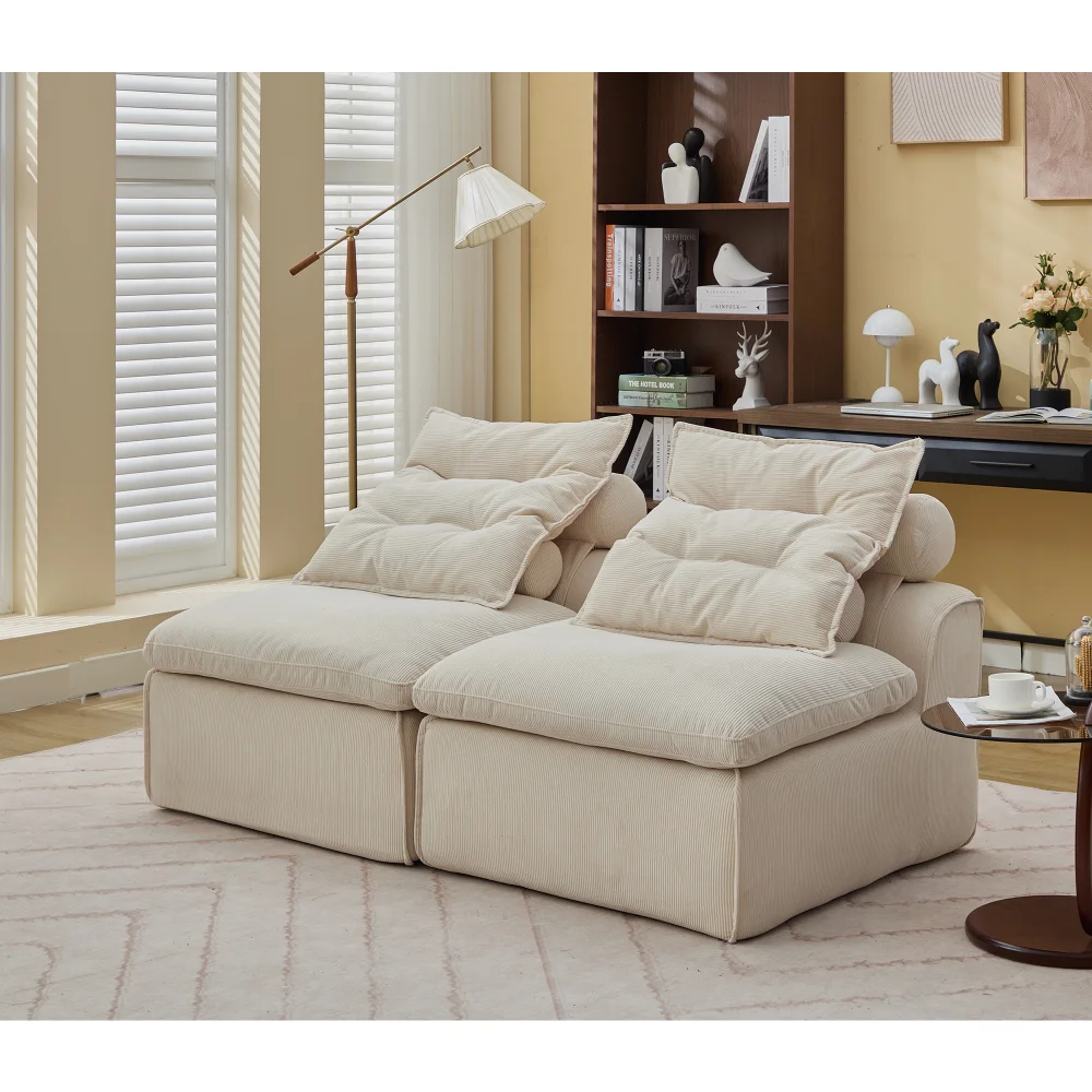 

[NEW ARRIVED][VIDEO] Modular Sofa: No Armrests, DIY, Soft Corduroy, 2 Seats, Beige, Pillows