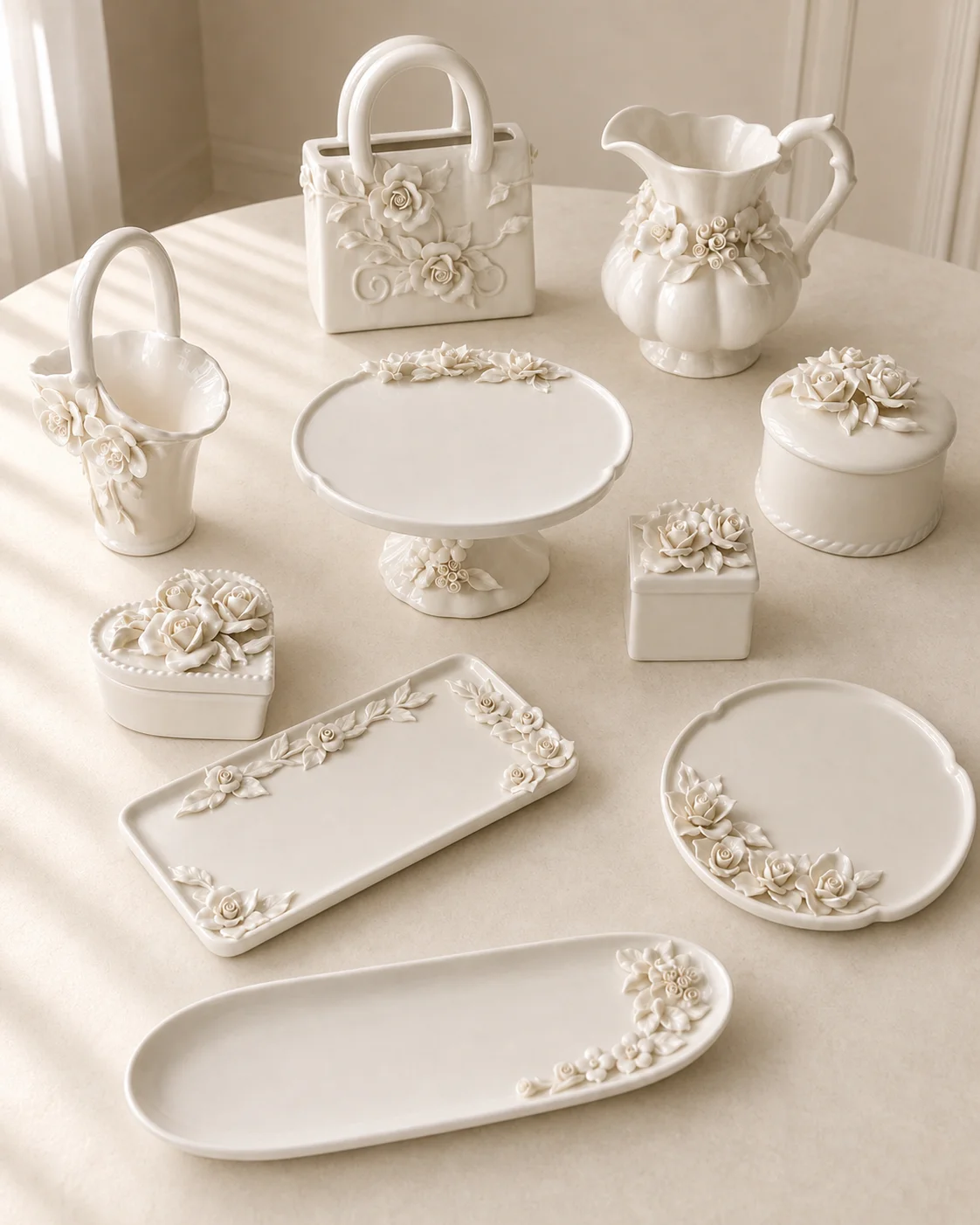 ColorValue Embossed Camellia Ceramic Vase Ornament Vintage Jewelry Storage Jar Display Plate for Home Decor