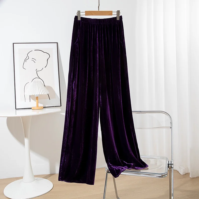 

100% Mulberry Silk Lining Women Velvet Silk Purple Loose Type Long Pants Wide Leg Pants Trousers With Pocket Office Lady QQ012
