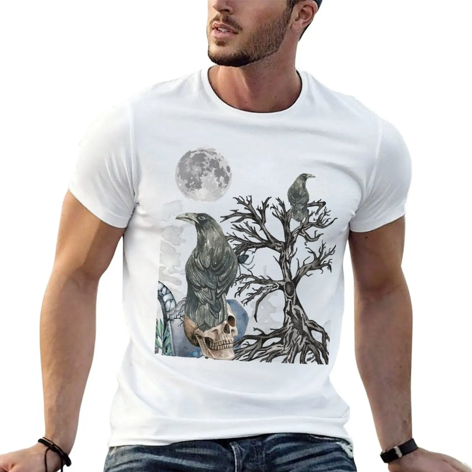 

100% t Spooky cotton shirts T-Shirt man Graveyard in man t cotton Skull Moon Full shirts Raven Tree on