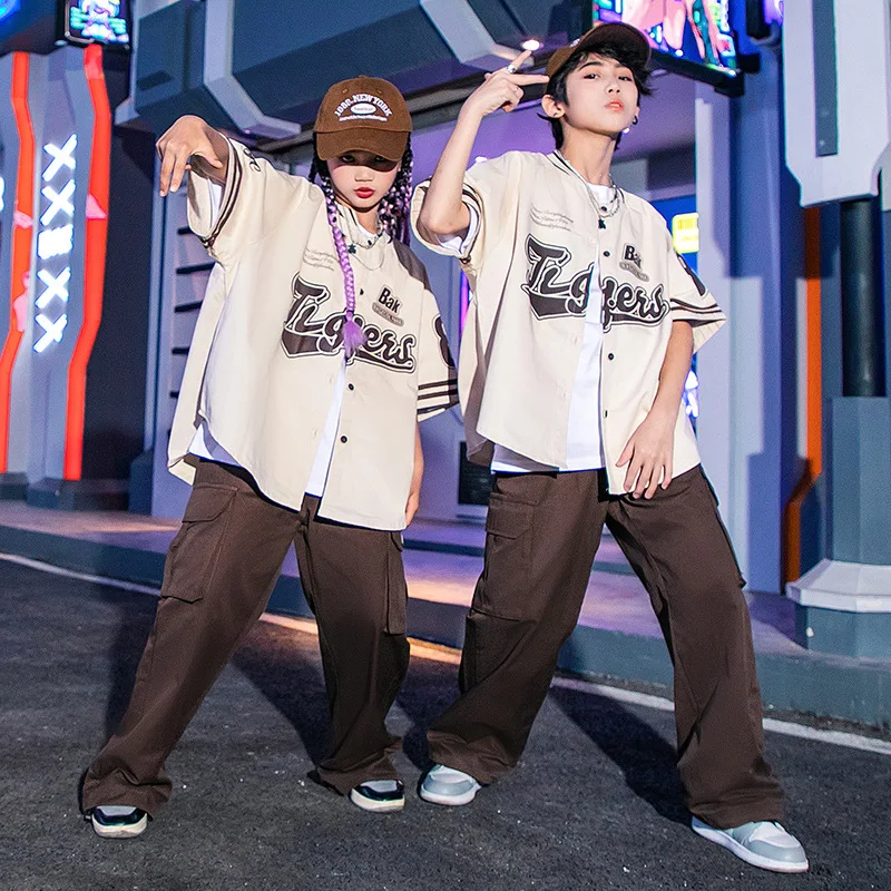 Kid Hip Hop Clothing Oversized Baseball Cardigan Shirt Brown Casual Street Cargo Pants for Girl Boy Jazz Dance Costume Clothes