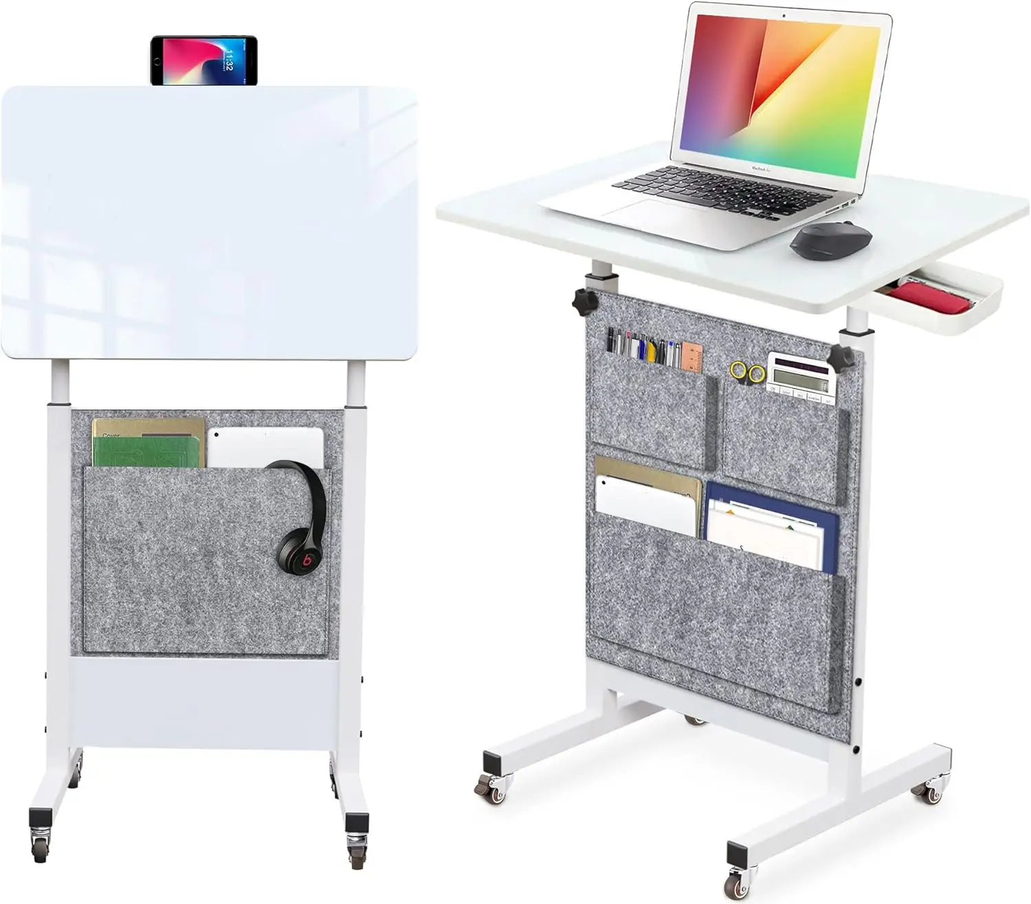 

Adjustable Height Standing Desk with Writable Glass Top, 360° Rotation & Wheels - Perfect for Small Spaces & Home Offices, White