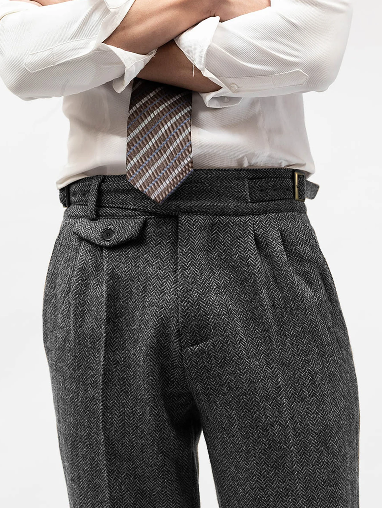 

Мужские элегантные брюки на заказ, брюки с высокой талией, осень-зима, новый стиль, итальянский неаполитан, легкий деловой повседневный сложенный дизайн