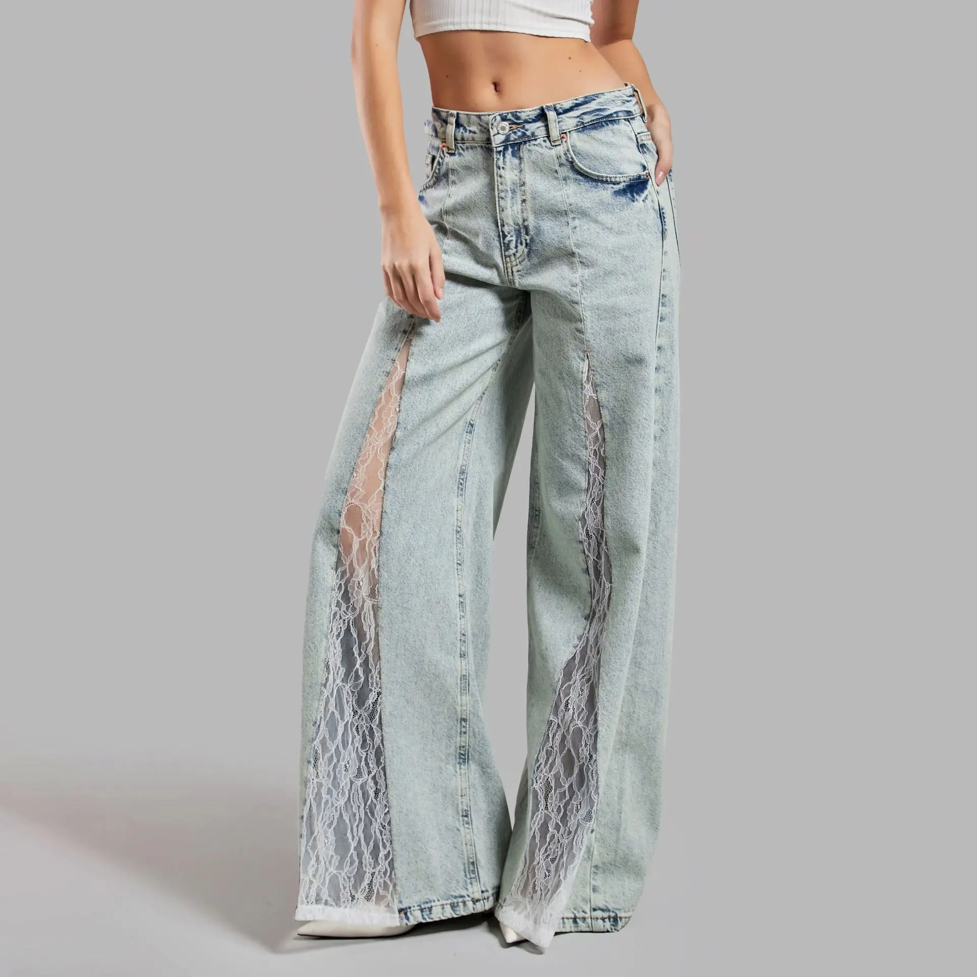 

Elegant Lace Patchwork Jeans Women Loose Denim Low Waist Wide Leg Pants Pocket Zipper Summer Autumn Fashion Lady Trouser