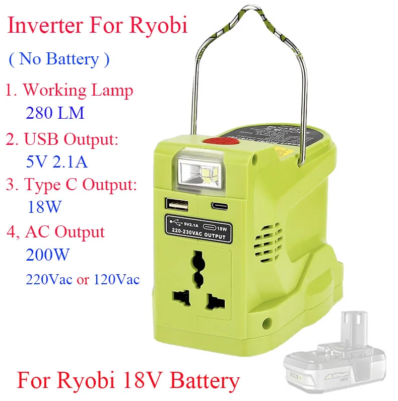 220V Lithium Battery Inverter LED Work Lamp USB Power Bank For Ryobi 18V Li-ion Nickel Battery P102 P103 P104 P105 P107 P108