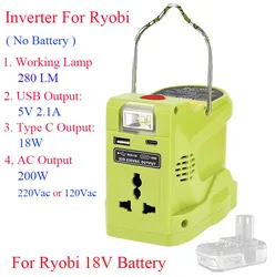 220V Lithium Battery Inverter LED Work Lamp USB Power Bank For Ryobi 18V Li-ion Nickel Battery P102 P103 P104 P105 P107 P108