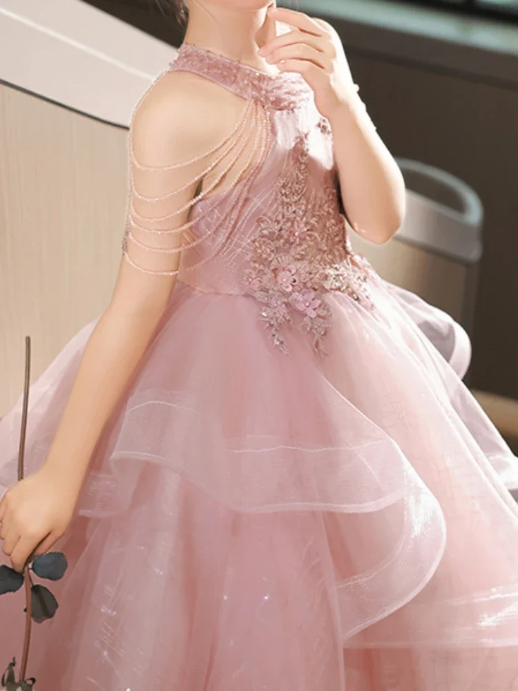 Customized Fashion Halter Sleeveles Beading Tassel Flower Girl Dress Elegant Cascading Ruffle Ball Gown Exquisite Sequin Appliqu