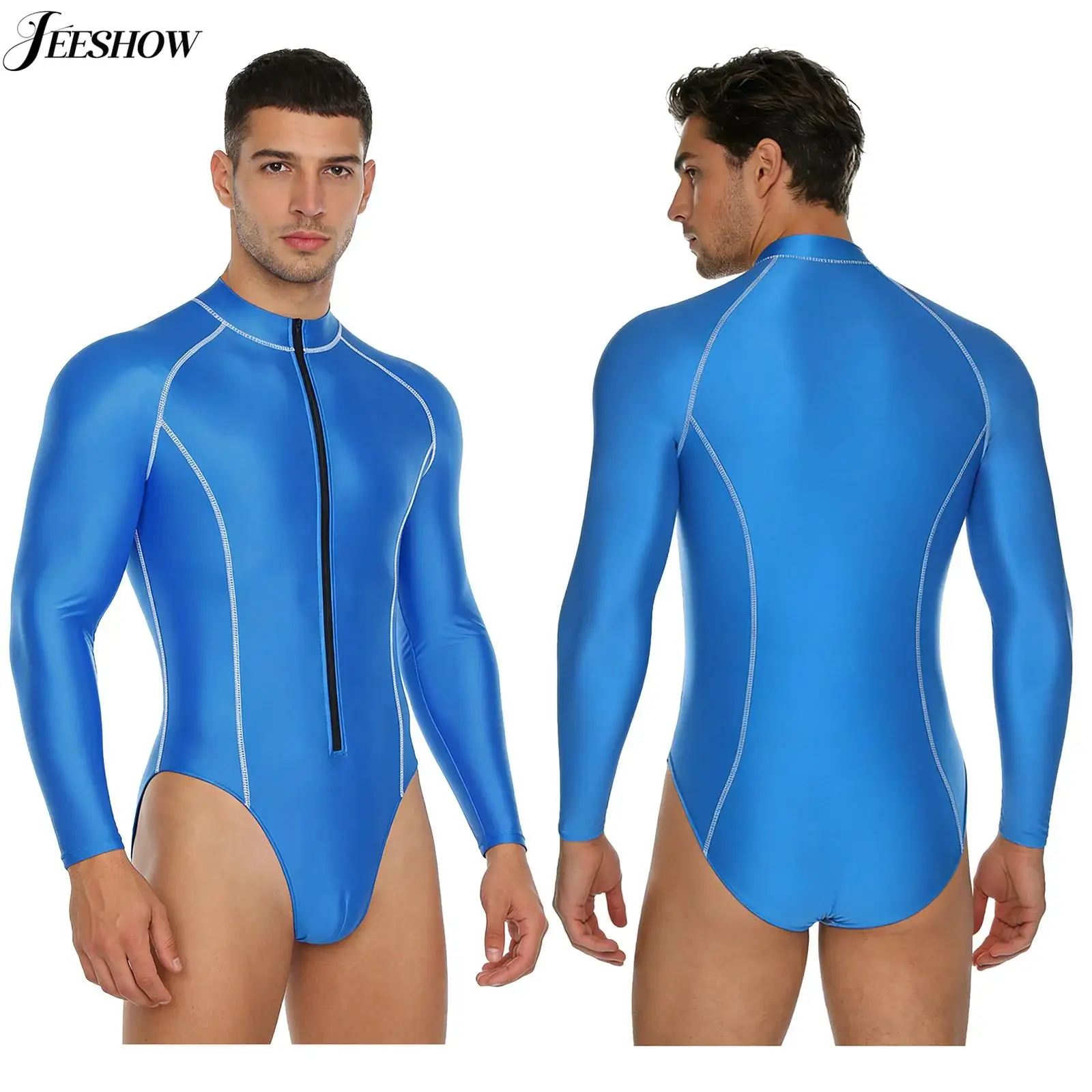 Mens One Piece Swimsuit Rash Guard Solid Color Glossy Mock Neck Long Sleeve Front Zipper High Cut Leotard Swimming Costume