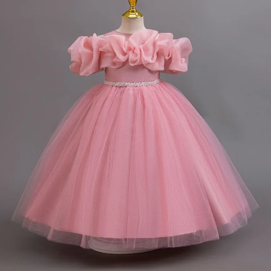 Girls puff sleeve one-shoulder princess dress 4-12 years old fashionable bow mesh tutu skirt carnival birthday party performance