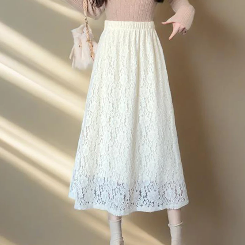 

Women Lace Skirt 2025 Autumn Winter New Elastic Waist Loose Mid-Length A-Line Skirt Female Casual All-Match Fashion Skirts
