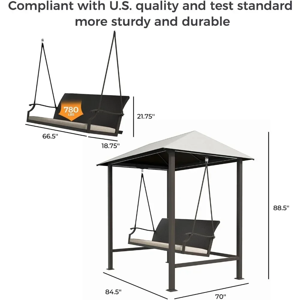 Grand Patio Outdoor Porch Swing 3-Seat with Canopy, Removable Olefin Cushion for Garden, Backyard, Poolside, Beige