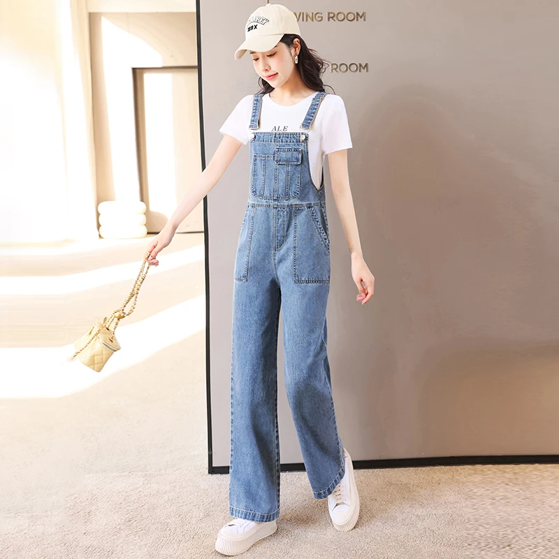 Korean Sle Loose Women's Denim Overalls Faionable Two-Piece Set High Waist Zipper Closure Cotton Blend Anti-Wrinkle